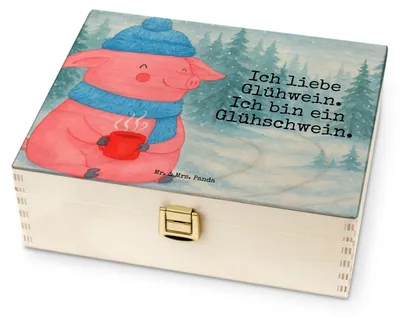 Produktbild von Mr. & Mrs. Panda Tee Organizer Schwein Glühwein Design - Weiß - Geschenk, Box, teebox holz, für Paare, Punsch, Weihnachten, Glühschwein, Aufbewahrung, Weihnachtsmarkt