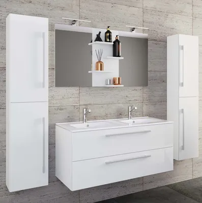 Produktbild von VCM 5-tlg. Doppel Waschplatz | 2x Waschtisch | Badmöbel Set mit Unterschrank, Waschbecken, 2x Hochschrank und Spiegel | Doppelwaschbecken | Komplettset Budasi SP