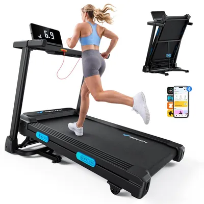 Productafbeelding van Opklapbare elektrische loopband – 2,5 PK, tot 12 km/u, stille motor, LED-display, app- en tablet-houder, hartslagmeting, geschikt tot 136 kg, voor thuis en op kantoor