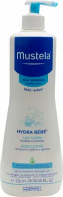 A white pump bottle of Mustela Hydra Bebe Body Lotion against a white background.