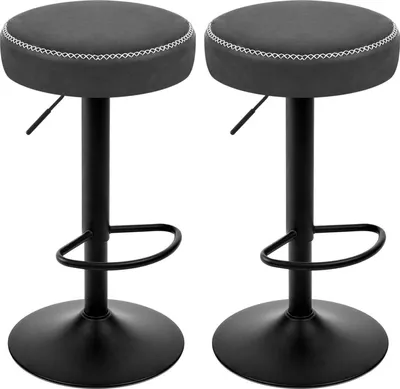 Two black bar stools with gray seats are shown against a white background.