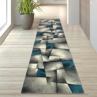 Zdjęcie produktu dla Designerski dywan z wycięciami konturowymi, wzór w kratkę, turkusowy, szary, biały, czarny, wymiary – 80 x 300 cm