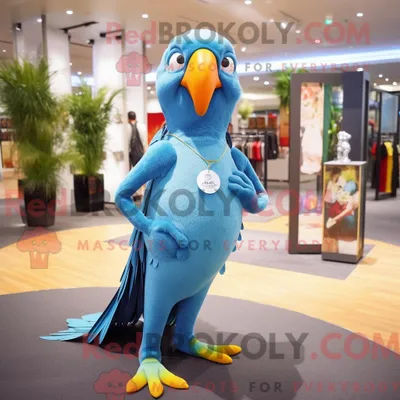 Produktbild von Himmelblauer REDBROKOLY Papagei Maskottchen Kostüm Charakter gekleidet in Yoga-Hosen und Hosenträger