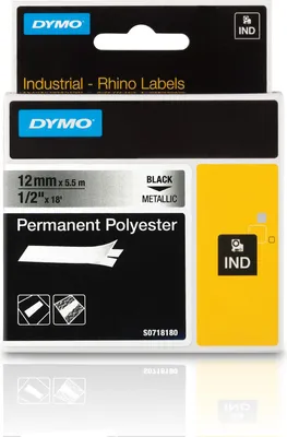 Zdjęcie produktu dla DYMO Rhino trwałe etykiety poliestrowe do zastosowań przemysłowych 12 mm x 5.5m - czarne na metalicznym, Czarny na metalicznym, Wielobarwny, Poliester, -40 - 150 °C, UL 969, DYMO