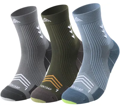 Produktbild von Lounwee Kompression Laufsocken Herren Damen: Anti-Blasen Kompressionssocken 3 Paar Sportsocken für Wandern Basketball Running – Größe 43-46, E-Gray Blue Green