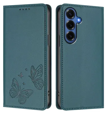Image de Étui en cuir pour Samsung Galaxy S26 FE, avec motif papillon, type portefeuille rabattable avec support. Couleur : vert