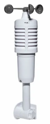 A white weather sensor with gray anemometer cups.