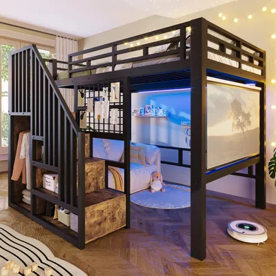 Productafbeelding van Hoogslaper 140x200 cm met opbergtrap en lades, zijrooster, ophangstang voor projectiescherm, meerkleurige LED-verlichting, metalen frame met MDF-elementen, zwart