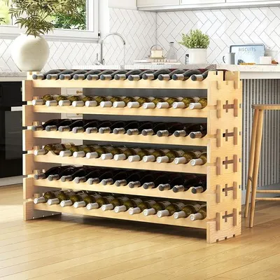Imagen del producto de Estantería apilable para botellas de vino, estante para 72 botellas, armario para vinos con 6 niveles, estante modular para botellas, ideal para cocina o bar. Estante de madera de 120 x 29 x 79 cm, color natural