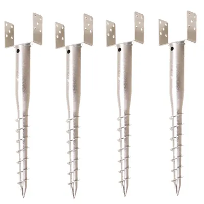 Four metal screw-in post bases are arranged in a row against a white background.