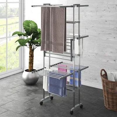 Produktbild von Wäscheständer mit 3 Etagen und Rollen, klappbar, platzsparend, Aluminiumrahmen, 60 x 70 x 129 cm, für Wohnung, Balkon, Bad und Waschküche