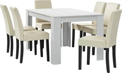 Produktbild von [en.casa] Esstisch weiß matt mit 6 Stühlen creme Kunstleder gepolstert 140x90 Essgruppe Esszimmer