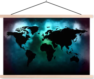 Produktbild von MuchoWow® Textilposter Weltkarte - Schwarz - Grün 120x80 cm mit holzfarbenen Rahmen - Aufhängeset