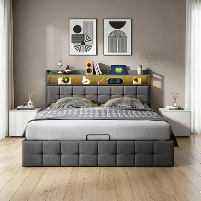 Produktbild von INONEFT Polsterbett Boxspringbett 160 x 200cm mit Bettkasten, Jugendbett Doppelbett mit LED und USB, Stauraumbett mit Lattenrost, Leinen, Grau
