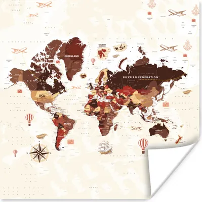 Produktbild von MuchoWow® Poster Weltkarte - Braun - Flugzeug 100x100 cm - Babyzimmer