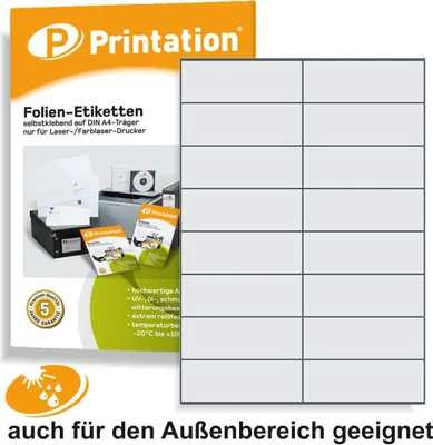 Produktbild von Universal Etiketten 105 x 37 mm WETTERFEST - Folienetiketten transparent auf A4 2x8