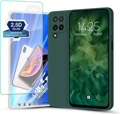 Produktbild von Hülle für Samsung Galaxy A12 mit 9H Displayglas Displayschutz Plus Case Cover Bumper Silikon Softgrip Schutzhülle Farbe: Grün