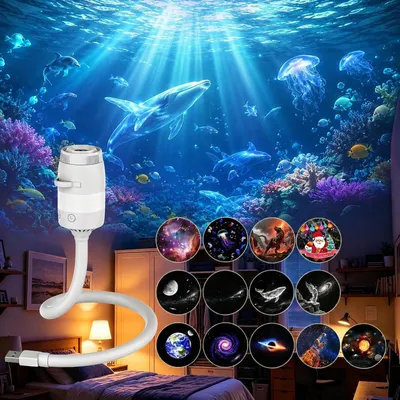 Produktbild von 2in1 Sternenhimmel & Ozean Projektor – 13 Filme, 5D Hologramm, 6 Farben dimmbar, 360° Schwanenhals, USB – Ideal für Kinderzimmer