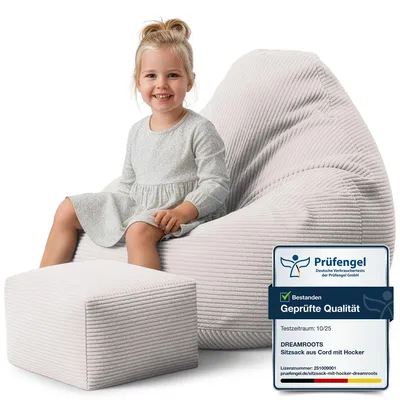 Obrázok produktu pre Dreamroots Bean Bag 70x70x70 cm Beanbag Kids s opierkou chrbta a stoličkou a poťahom Sedací vankúš Podlahový chladiaci vak Bubibag Beanbag, White Dove