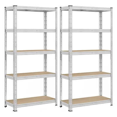 Two identical metal shelving units with wooden shelves are shown side-by-side against a white background.