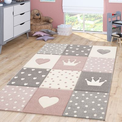 TT Home Kinderzimmer Teppich Junge Mädchen Kinderteppich Punkte Herz 3D Optik Pastell Größe 140x200 cm