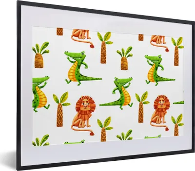 Produktbild von MuchoWow® Gerahmtes Poster Dschungel - Löwe - Krokodil 40x30 cm - Poster mit Schwarzem Bilderrahmen Wandposter Rahmen Foto Bilder - Bilderrahmen - Poster im Rahmen