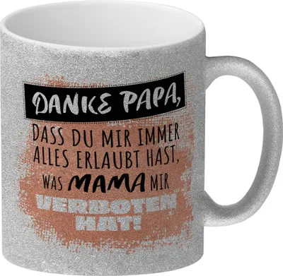 Produktbild von Danke Papa, ... Glitzer-Kaffeebecher in orange mit Spruch für den Vatertag