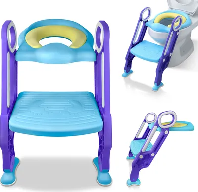 Produktbild von XMTECH Töpfchentrainer, Blau & Lila, Faltbar & Höhenverstellbar, mit Treppe & Griffen, Polyurethan-gepolstert, H ca. 60 cm, B ca. 36 cm, bis 75 kg, für 1-7 Jahre, passend für V-, U- & O-förmige Toiletten (nicht für quadratische)