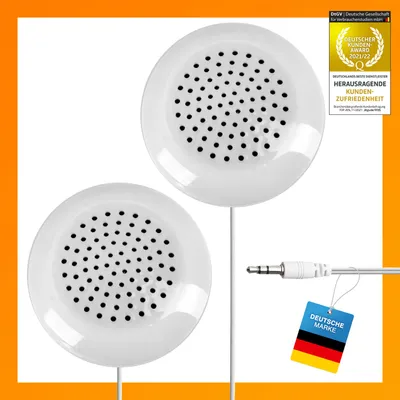Two white pillow speakers with a 3.5mm jack and a German flag tag.