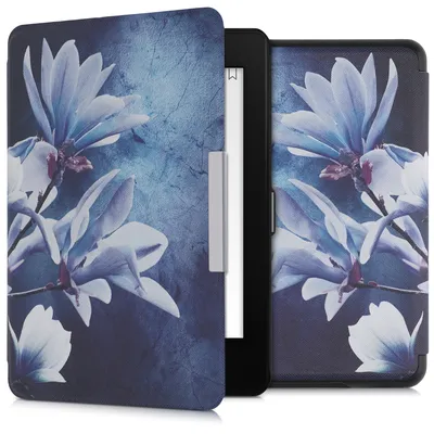 Produktbild von kwmobile Klapphülle kompatibel mit Amazon Kindle Paperwhite (10. Gen - 2018) Hülle - eReader Case - Magnolien Marmor Weiß Grau Blau