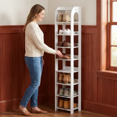 Produktbild von Vertikales Schuhregal, 9 Ebenen, mit Haken, 25B cm, Weiß | Holz-Schuh-Organizer für Schrank, Eingang, Schuhturm für Kleine Räume, Freistehend