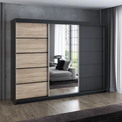 A modern sliding door wardrobe with wood-effect and mirrored doors, set in a contemporary room.