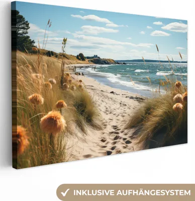 Produktbild von MuchoWow® - Leinwandbilder - Strand - Dünen - Strandhafer - Meer - Sand, Wandbild, Wanddeko Bilder Wohnzimmer, 120x80cm