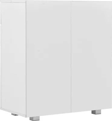 A white sideboard with three doors, shown from a side angle.