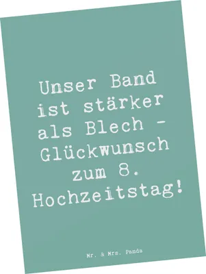 Produktbild von Mr. & Mrs. Panda Postkarte Spruch 8. Hochzeitstag Blechhochzeit - Meeresbrise - Geschenk, Liebe, handgefertigte Produkte, Ansichtskarten, Fotokarte, Ehejubiläum, Heirat