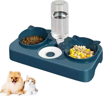 Produktbild von Erhöhter Doppelnapf für Katzen und Hunde, 3-in-1 automatischer Futter- und Wasserspender für Haustiere, 15° geneigter Doppelnapf, für Katzen und Welpen