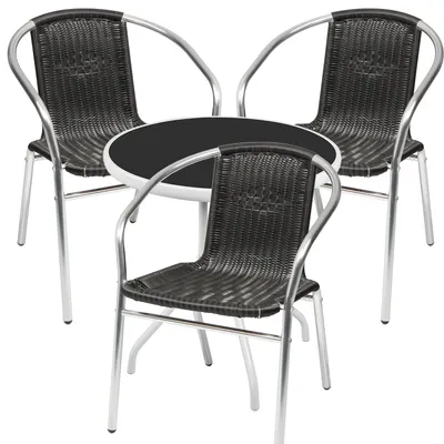 Produktbild von Bistrogarnitur 4-teilig Metall /Glasplatte rund weiß Rattan / Schwarz
