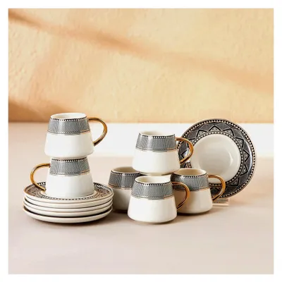 Produktbild von Türkische Kaffeetassen-Set mit Untertassen für 6 Personen, 12-teilig, 6 Espressotassen und 6 Untertassen, Cappuccino- und Kaffeeservice aus Porzellan
