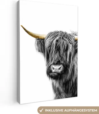 Produktbild von OneMillionCanvasses® - Leinwandbilder - 90x140 cm, Scottish Hochlandrind - Schwarz - Weiß - Gold, Wandbilder Kunstdruck Wanddekoration - Wandschmucke - Schlafzimmer