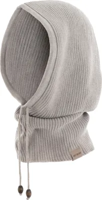 A knitted hood scarf with drawstrings and wooden beads.