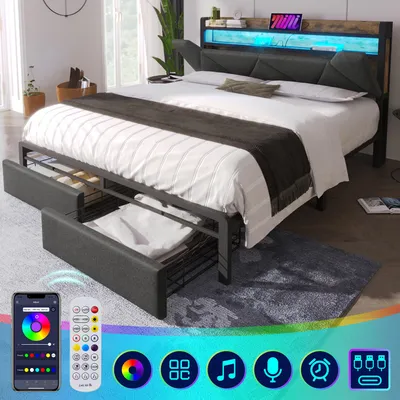 Zdjęcie produktu dla Łóżko tapicerowane 140 x 200 cm, szare, z oświetleniem LED i funkcją ładowania USB-C; stelaż z zagłówkiem, schowkiem i listwami; nowoczesne łóżko podwójne bez materaca; ciche