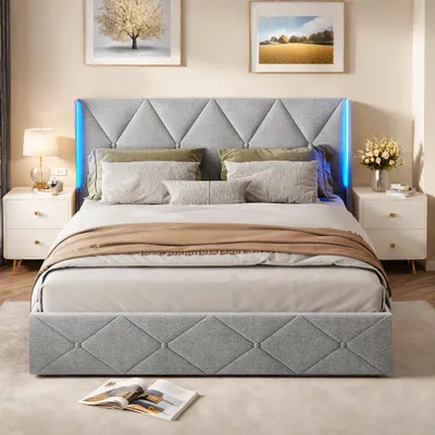 Immagine prodotto di Letto contenitore 160x200 cm in velluto grigio smerigliato con luce laterale sulla testata, contenitore idraulico, facile da montare