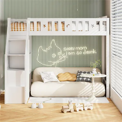 Produktbild von Etagenbett Hochbett 90*200 cm, mit Stauraumleiter und Regalen, Einzelholzbett, Jugendbett, Kinderbett, Massivholzrahmen, weiß