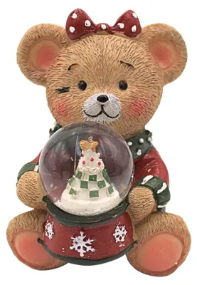 Produktbild von Teddybär aus Keramik mit Schneekugel aus Glas, Niedliche Weihnachtsfigur mit Schleife und Weihnachtsbaum in der Schneekugel, Glaskugel Weihnachten, Schüttelkugel, Winterkugel, L/B/H 7 × 8 × 10 cm