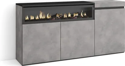 Immagine prodotto di COZY Credenza, Mobile, Cucina, 150x35x75cm, 3 Porte, Camino elettrico, Cemento