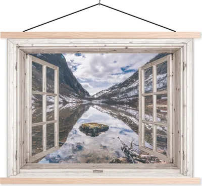 Produktbild von MuchoWow® Textilposter Aussicht - Berg - Wasser 120x90 cm mit holzfarbenen Rahmen - Magnetisch