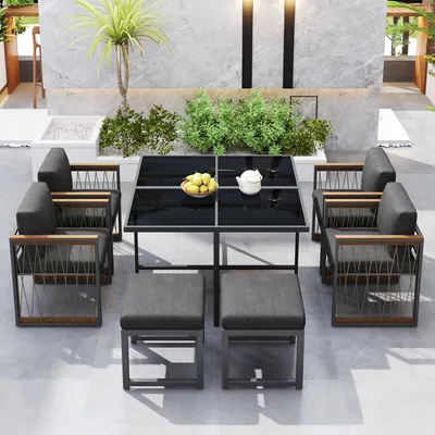Produktbild von 7-teiliges Garten-Essset, Glastisch & 6 Stühle, Schwarz-Natur