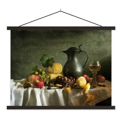 Produktbild von MuchoWow® Textilposter Rustikal - Käse - Teekanne - Obst - Stilleben 120x90 cm mit schwarzem Rahmen - Aufhänger für Poster