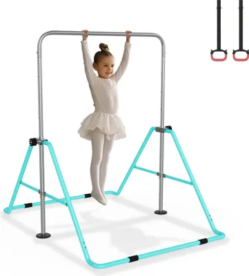 Produktbild von TRMLBE Reckstange Outdoor Kinder Gymnastikstange Höhenverstellbar Turnstange mit 2 Turnringe, Faltbarer Turnreck für Indoor Garten Turnen, Grün