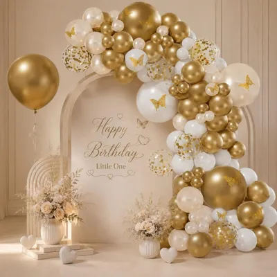 Produktbild von Ballongirlande Weiß Gold 115 Stück mit Konfetti und Schmetterlingsaufklebern für Geburtstagsdeko und Hochzeiten